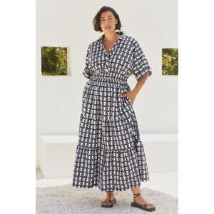 Anthropologie Navy and White Patterned Maxi Dress